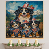 Patriotic Bernese Mountain Dog Mother and Two Puppies Dressed in Stars and Stripes Hats and Bows with American Flag on Ready to Hang 1.5" Thick Canvas Wrap, Floating Framed Canvas, Flat Rolled Canvas
